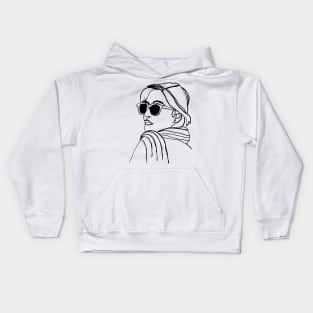 One-Line Ink Drawing Woman with Sunglasses Kids Hoodie